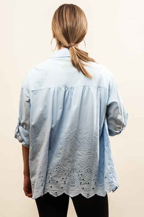 Light blue cotton blouse with embroidered trim - One Size