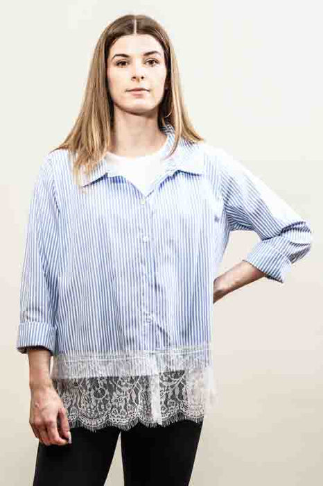 Blue/white striped cotton/polyester blouse with lace trim - One Size