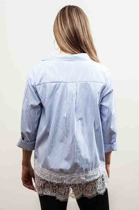 Blue/white striped cotton/polyester blouse with lace trim - One Size