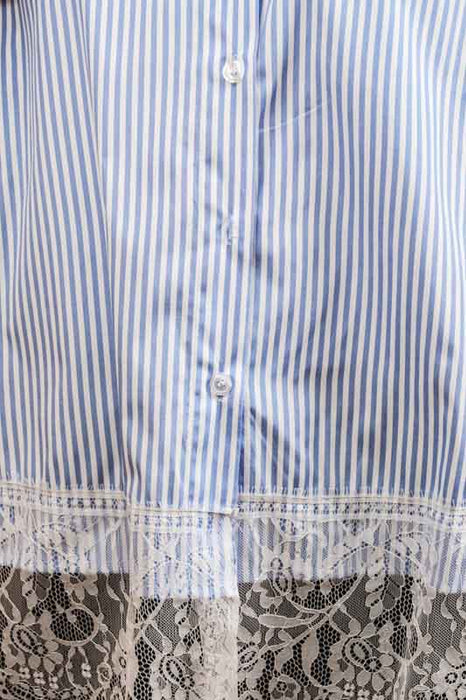 Blue/white striped cotton/polyester blouse with lace trim - One Size