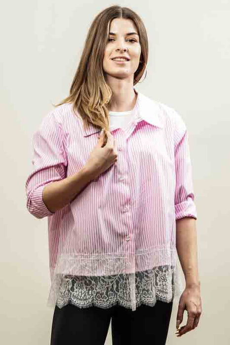 Pink/white striped cotton/polyester blouse with lace trim - One Size