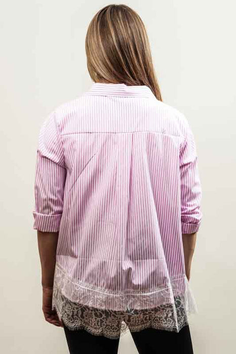 Pink/white striped cotton/polyester blouse with lace trim - One Size