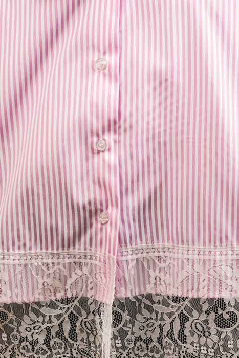 Pink/white striped cotton/polyester blouse with lace trim - One Size