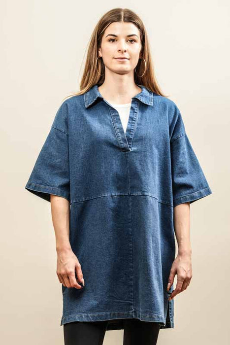 Short-sleeved denim dress, cotton, loose fit - One Size