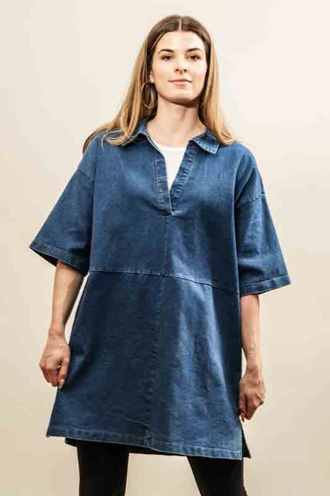 Short-sleeved denim dress, cotton, loose fit - One Size