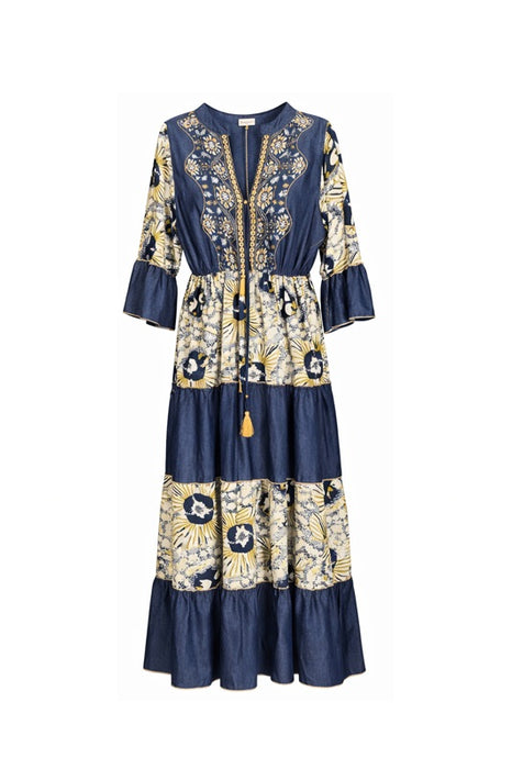 Kleid Volantärmel lang Viskose jeansblau/weiss/gelb - One Size