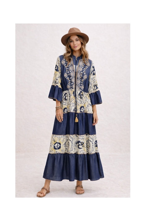 Kleid Volantärmel lang Viskose jeansblau/weiss/gelb - One Size