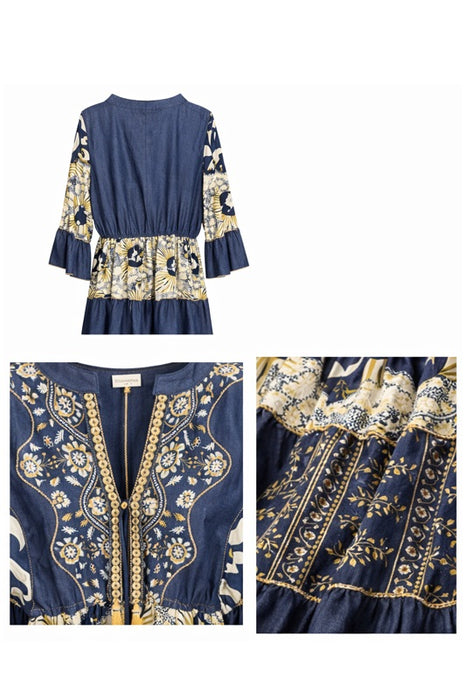 Kleid Volantärmel lang Viskose jeansblau/weiss/gelb - One Size