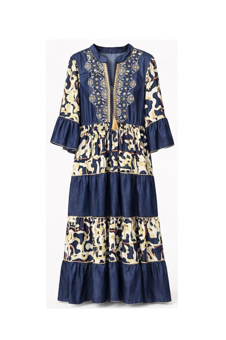 Kleid Volantärmel lang Viskose jeansblau/weiss/gelb/rot - One Size