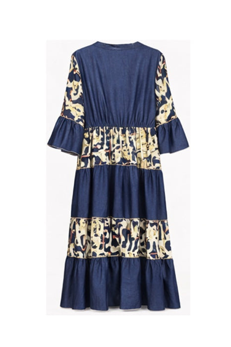 Kleid Volantärmel lang Viskose jeansblau/weiss/gelb/rot - One Size