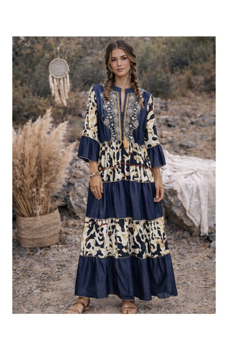 Kleid Volantärmel lang Viskose jeansblau/weiss/gelb/rot - One Size