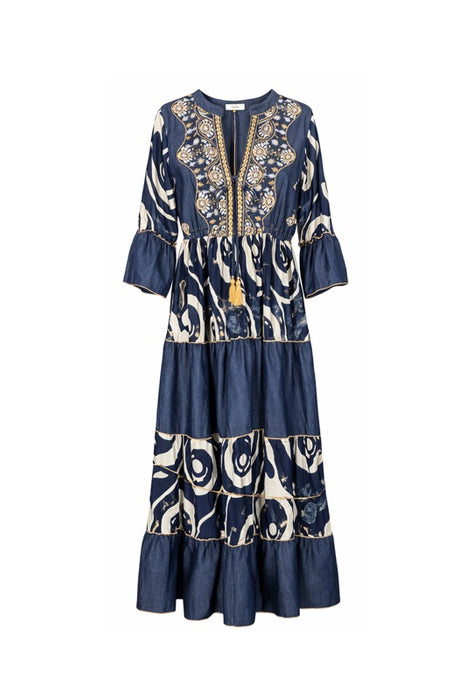 Kleid Volantärmel lang Viskose jeansblau/weiss - One Size