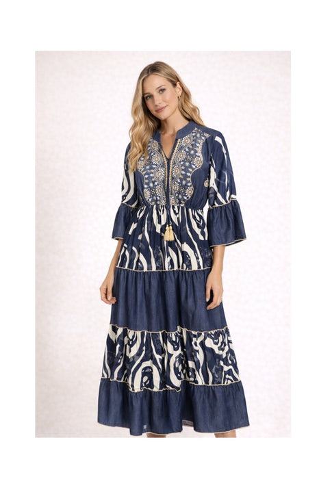 Kleid Volantärmel lang Viskose jeansblau/weiss - One Size