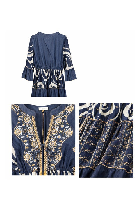 Kleid Volantärmel lang Viskose jeansblau/weiss - One Size