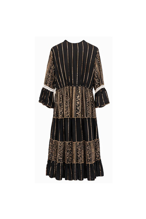 Kleid Volantärmel lang Viskose schwarz/goldfarben - One Size