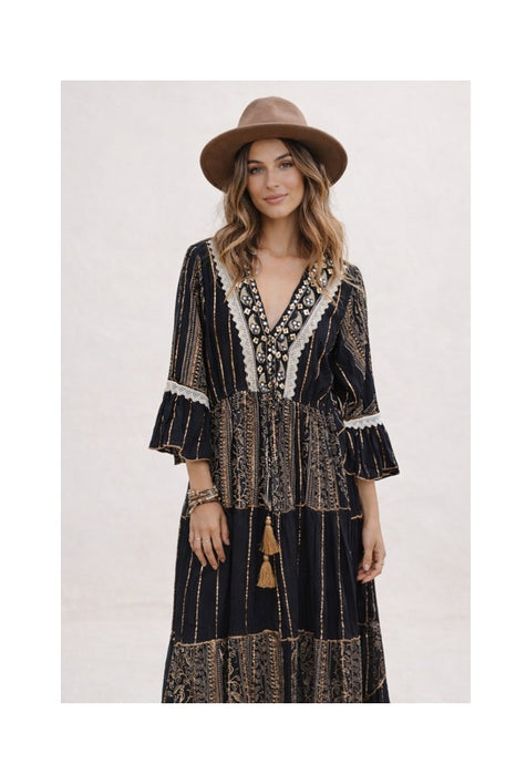 Kleid Volantärmel lang Viskose schwarz/goldfarben - One Size