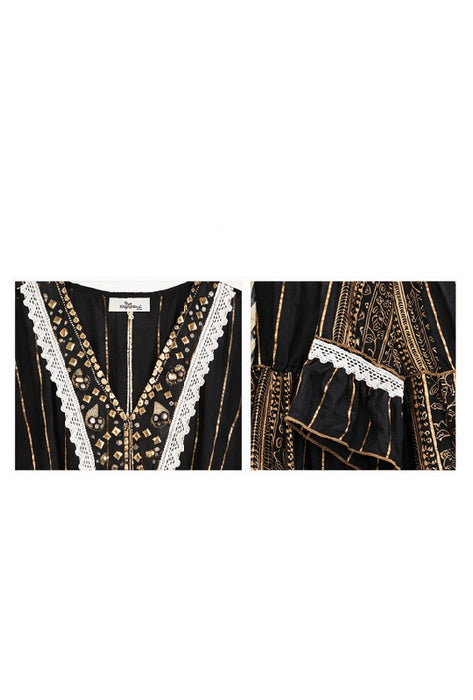 Kleid Volantärmel lang Viskose schwarz/goldfarben - One Size