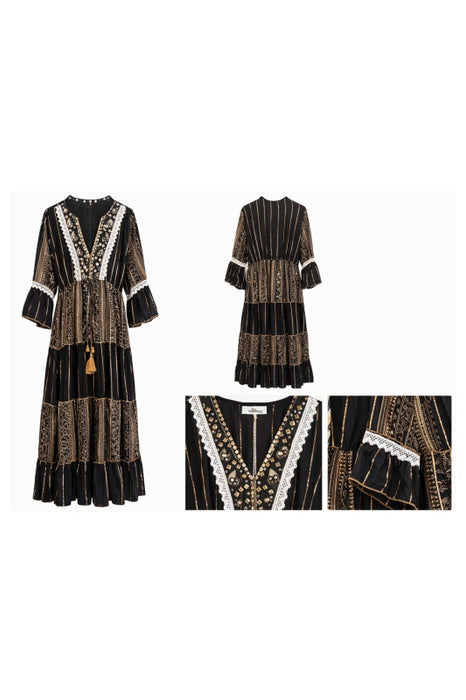 Kleid Volantärmel lang Viskose schwarz/goldfarben - One Size