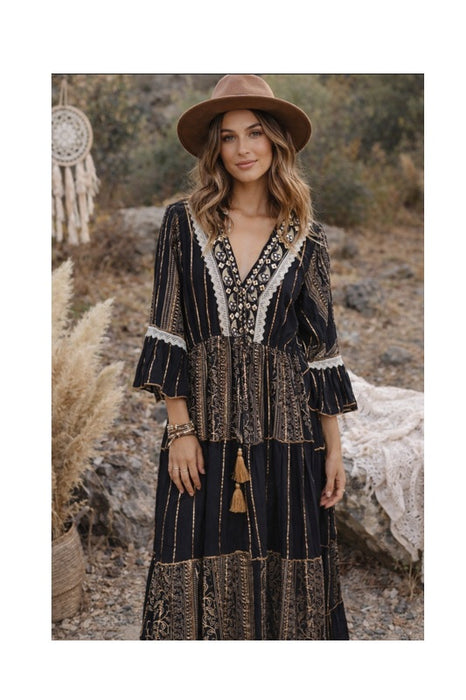 Kleid Volantärmel lang Viskose schwarz/goldfarben - One Size