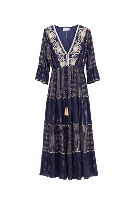 Kleid Volantärmel lang Viskose navyblau/goldfarben - One Size