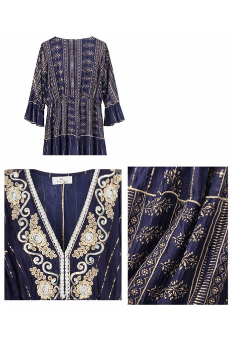 Kleid Volantärmel lang Viskose navyblau/goldfarben - One Size