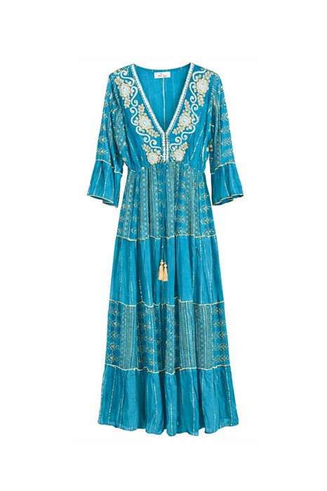 Kleid Volantärmel lang Viskose petrol/goldfarben - One Size