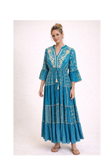 Kleid Volantärmel lang Viskose petrol/goldfarben - One Size