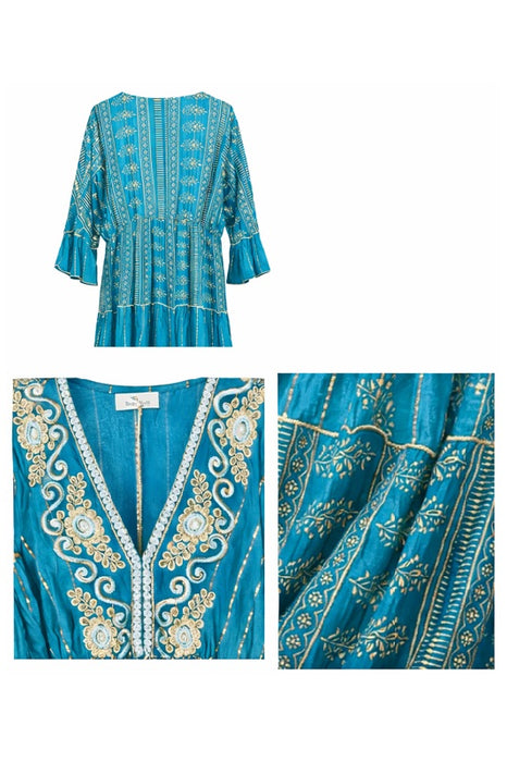 Kleid Volantärmel lang Viskose petrol/goldfarben - One Size