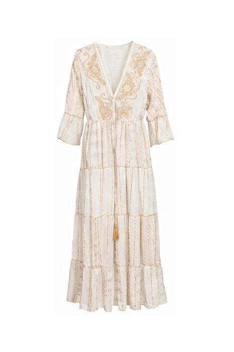 Kleid Volantärmel lang Viskose beige/goldfarben - One Size