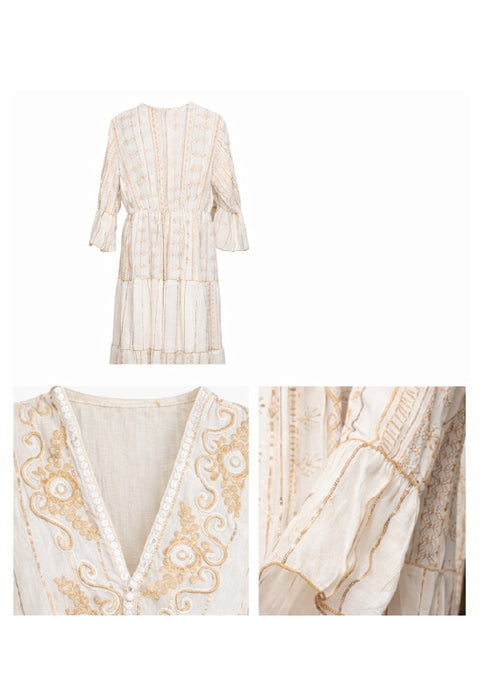 Kleid Volantärmel lang Viskose beige/goldfarben - One Size