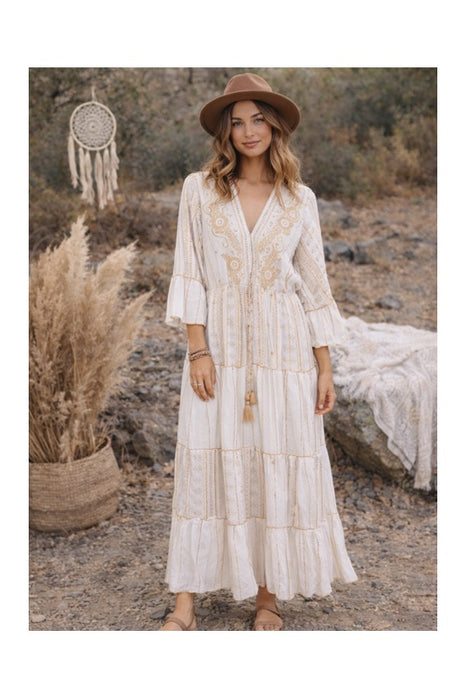 Kleid Volantärmel lang Viskose beige/goldfarben - One Size