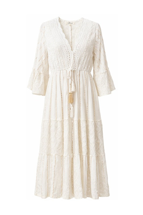 Kleid Volantärmel lang Visose crème/goldfarben - One Size