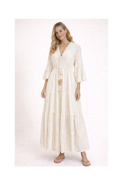 Kleid Volantärmel lang Visose crème/goldfarben - One Size