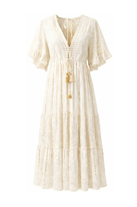 Kleid Volantärmel lang Viskose crème - One Size