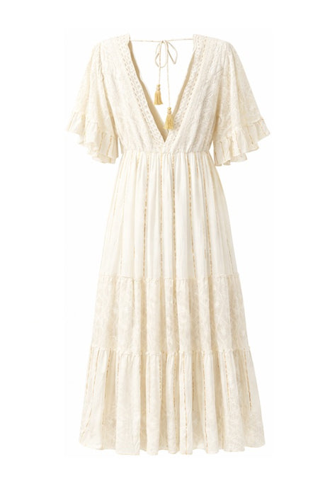 Kleid Volantärmel lang Viskose crème - One Size