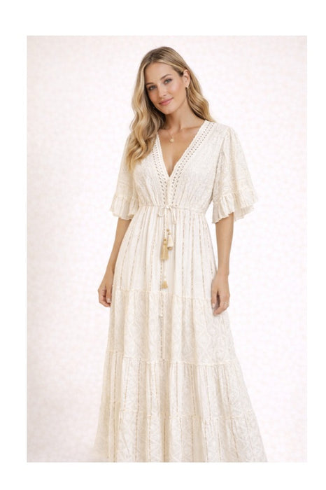 Kleid Volantärmel lang Viskose crème - One Size