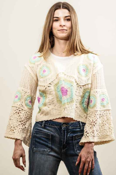 Short cotton knit sweater, cream/pink/light blue - One Size