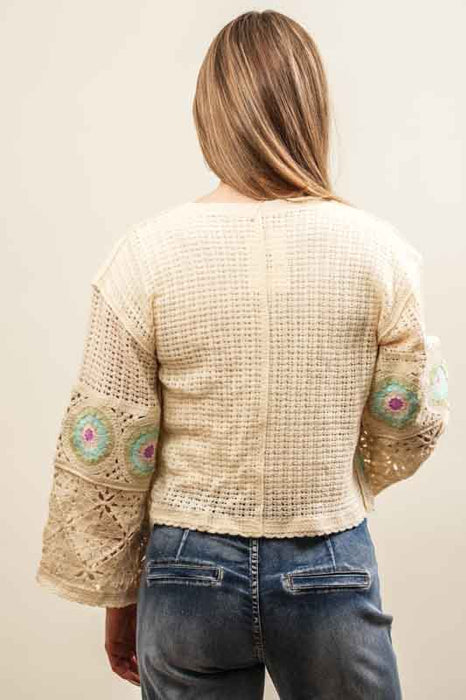 Short cotton knit sweater, cream/pink/light blue - One Size