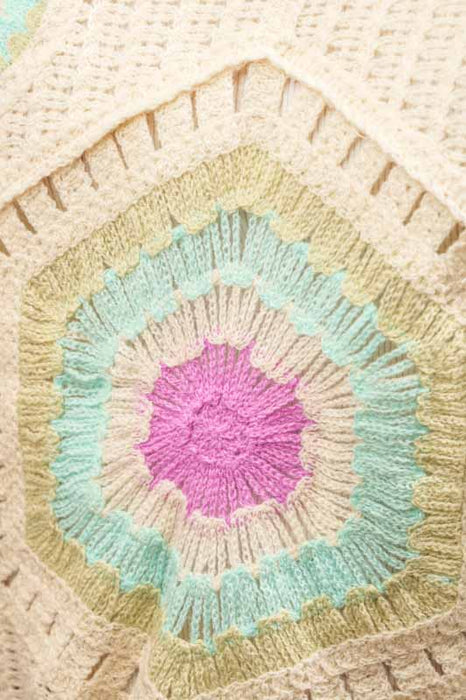 Short cotton knit sweater, cream/pink/light blue - One Size