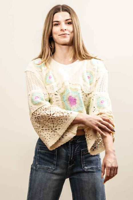 Short cotton knit sweater, cream/pink/light blue - One Size