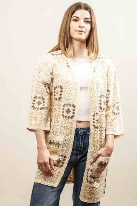 Long cardigan, cotton, cream/brown - One Size