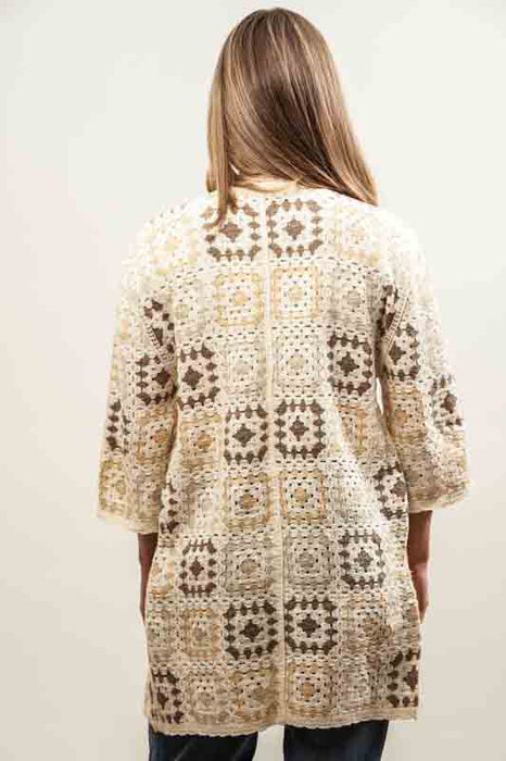 Long cardigan, cotton, cream/brown - One Size
