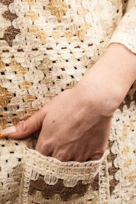 Long cardigan, cotton, cream/brown - One Size