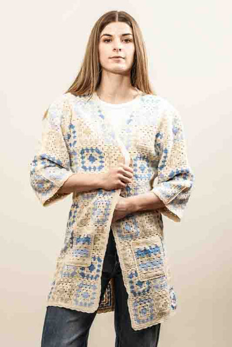 Strickjacke lang Baumwolle crème/hellblau - One Size