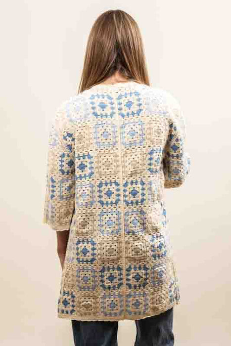 Strickjacke lang Baumwolle crème/hellblau - One Size