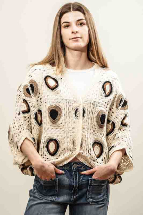 Cotton cardigan, cream/black/taupe - One Size