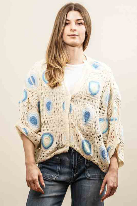 Cotton cardigan, cream/light blue/blue - One Size