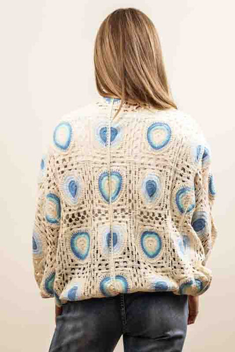 Cotton cardigan, cream/light blue/blue - One Size