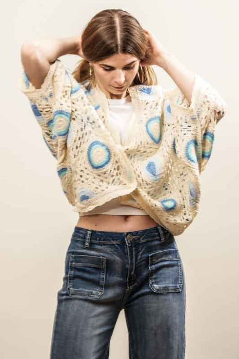 Cotton cardigan, cream/light blue/blue - One Size