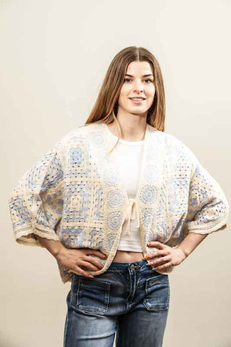 Cotton cardigan, cream/light blue - One Size